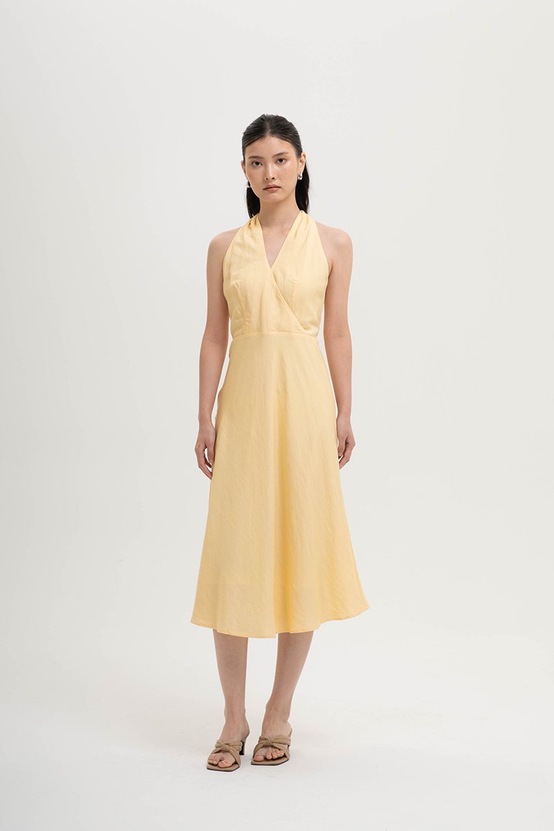 INDRA HALTER NECK BIAS LINEN DRESS