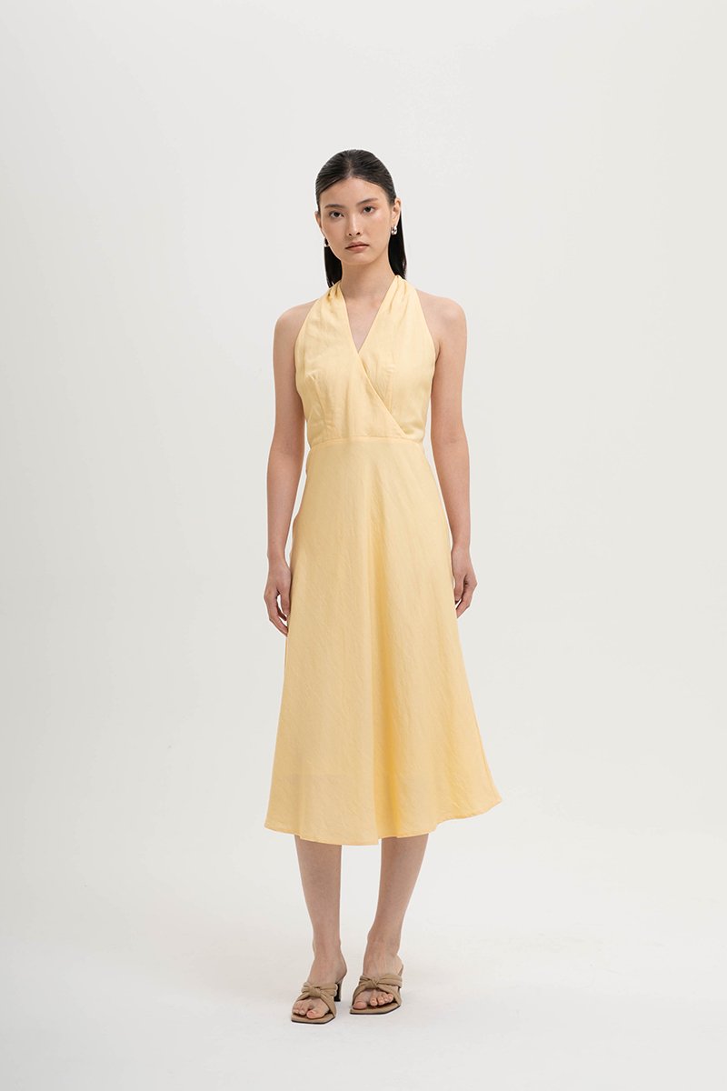 INDRA HALTER NECK BIAS LINEN DRESS