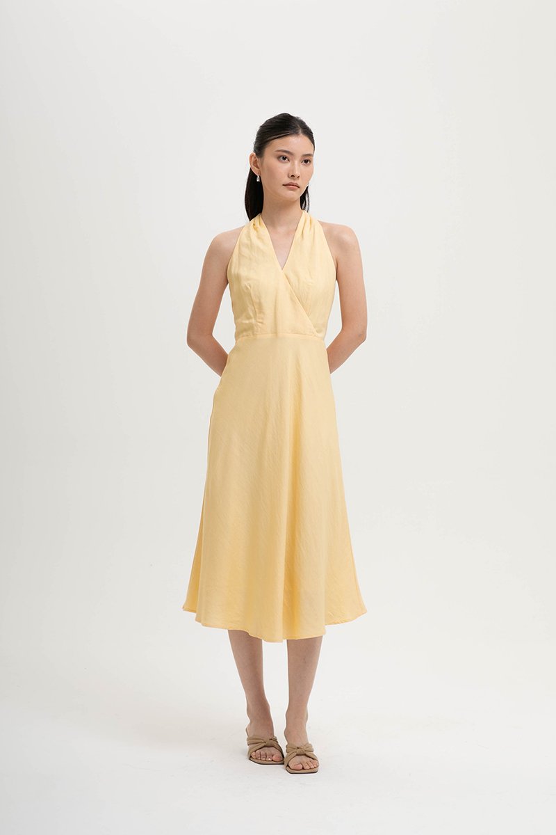 INDRA HALTER NECK BIAS LINEN DRESS
