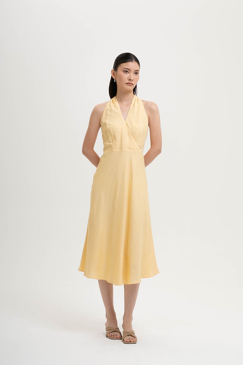 INDRA HALTER NECK BIAS LINEN DRESS