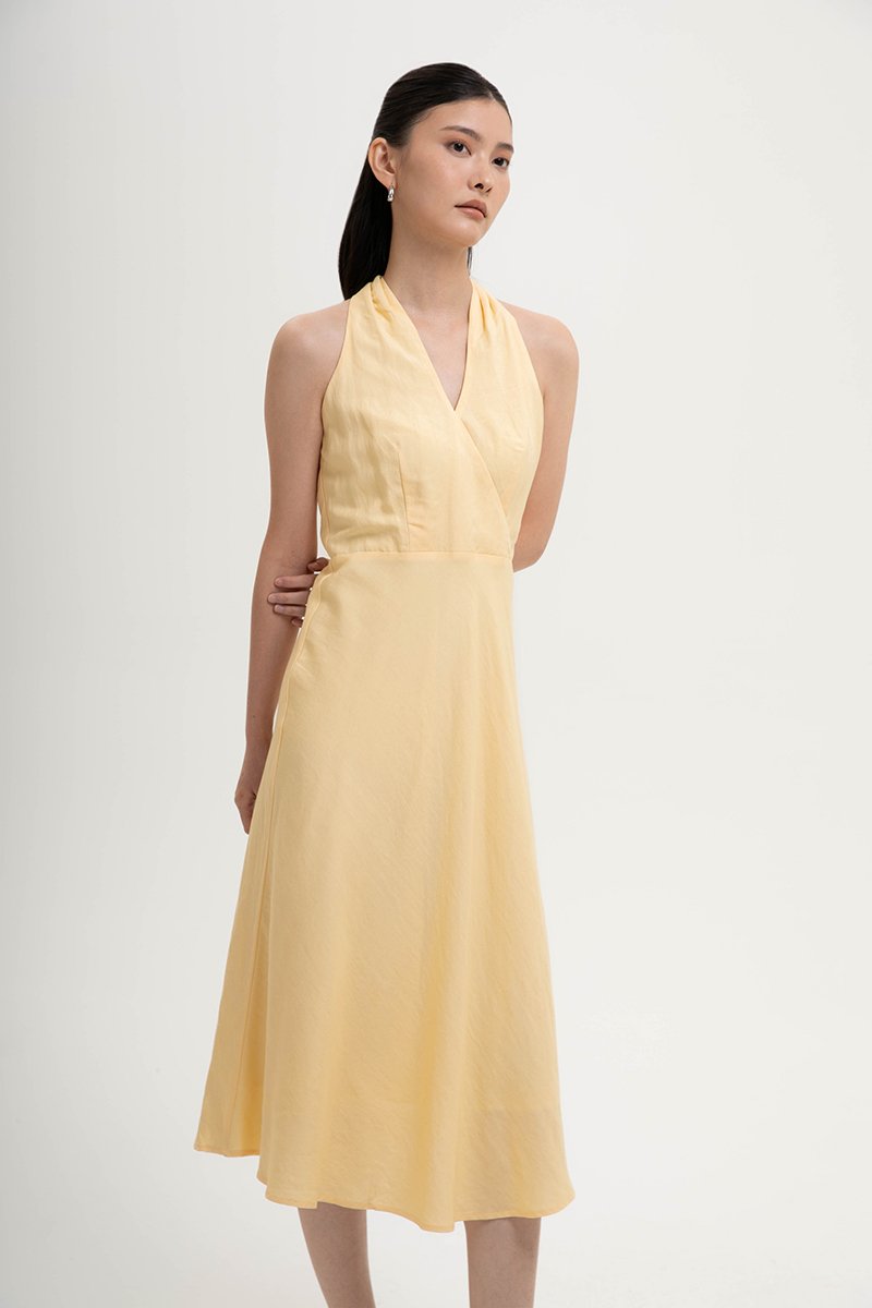 INDRA HALTER NECK BIAS LINEN DRESS