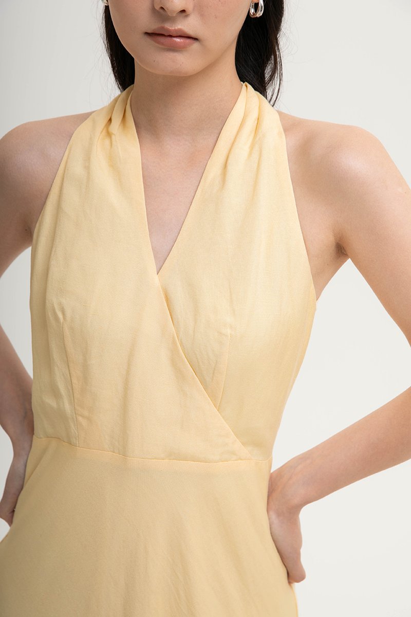 INDRA HALTER NECK BIAS LINEN DRESS