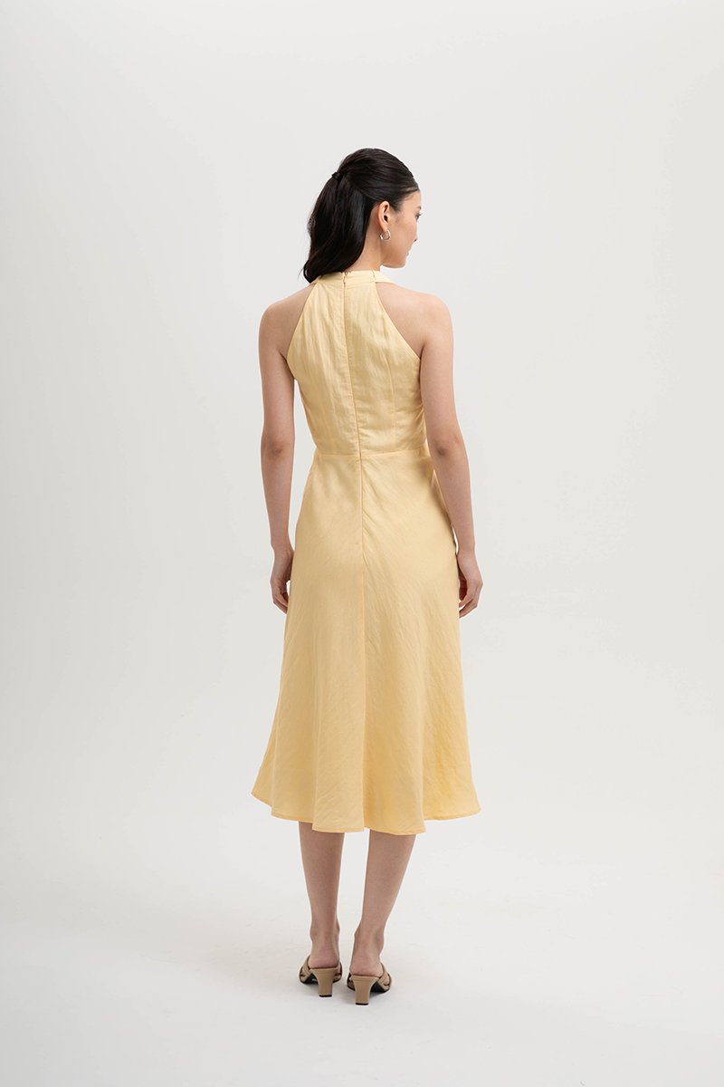 INDRA HALTER NECK BIAS LINEN DRESS