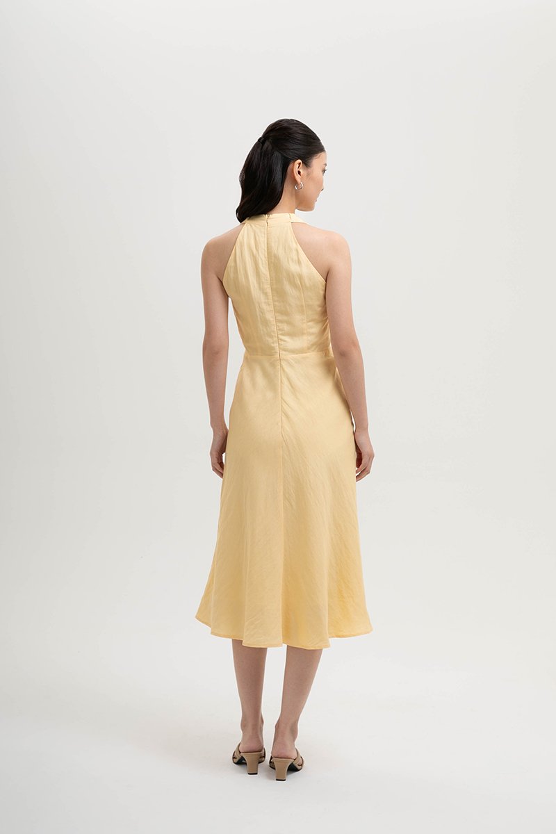 INDRA HALTER NECK BIAS LINEN DRESS