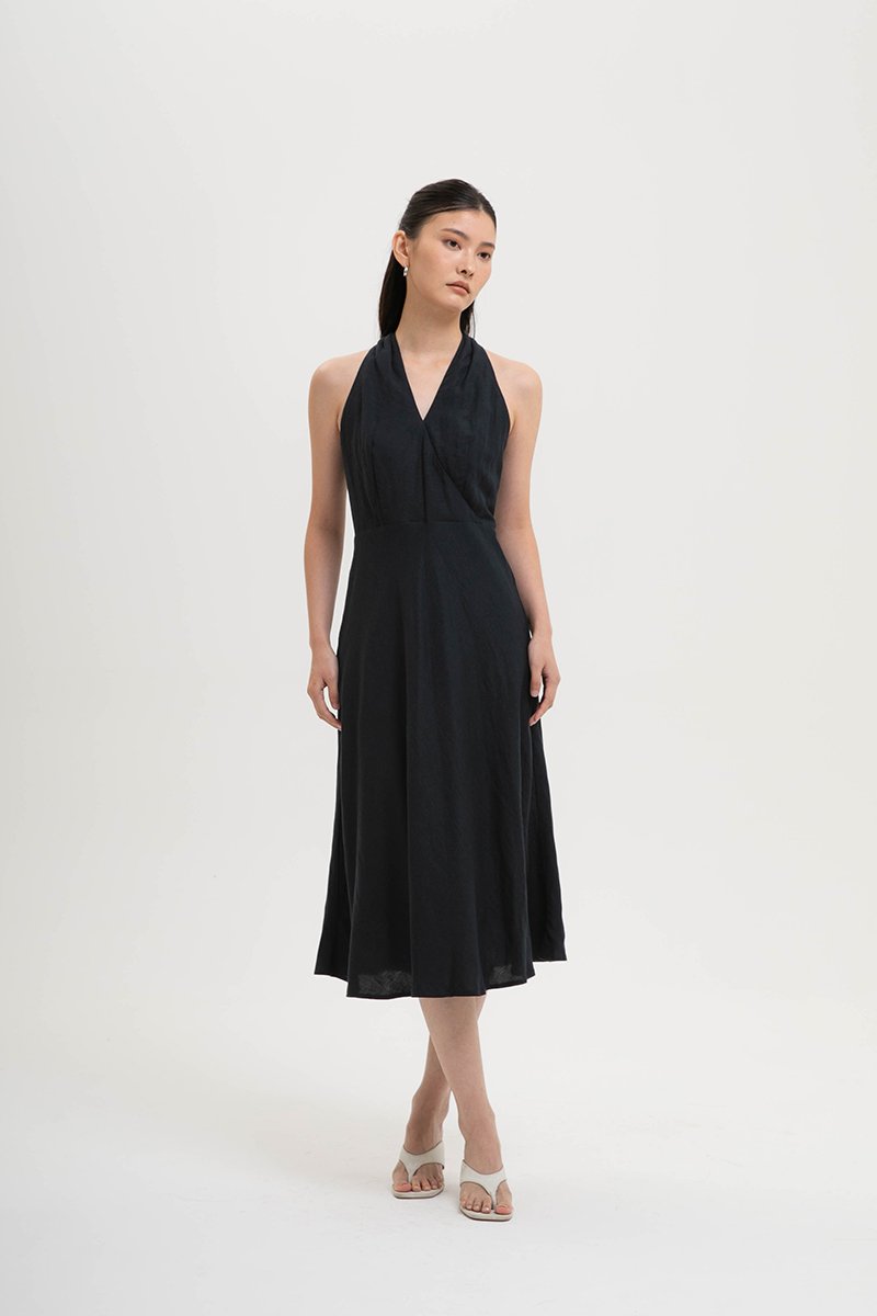 INDRA HALTER NECK BIAS LINEN DRESS
