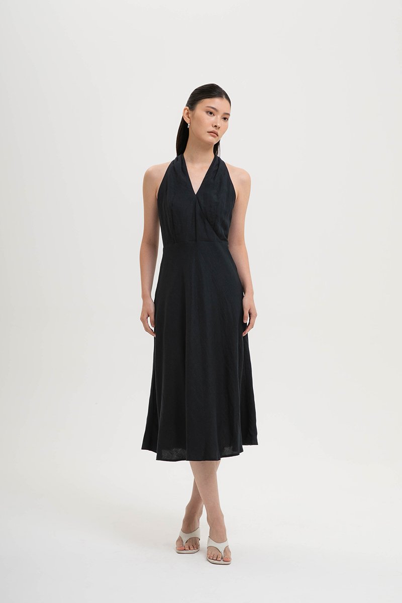INDRA HALTER NECK BIAS LINEN DRESS
