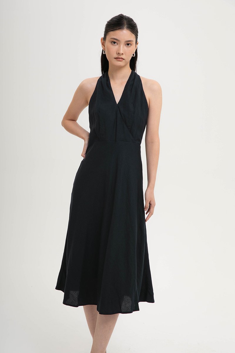 INDRA HALTER NECK BIAS LINEN DRESS