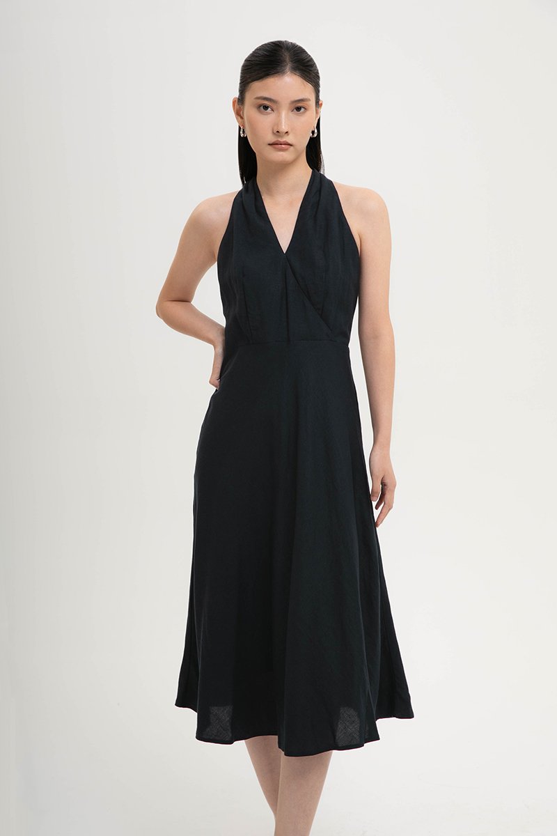 INDRA HALTER NECK BIAS LINEN DRESS