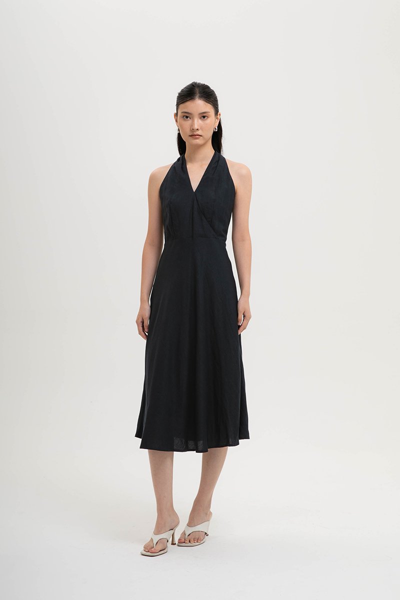 INDRA HALTER NECK BIAS LINEN DRESS