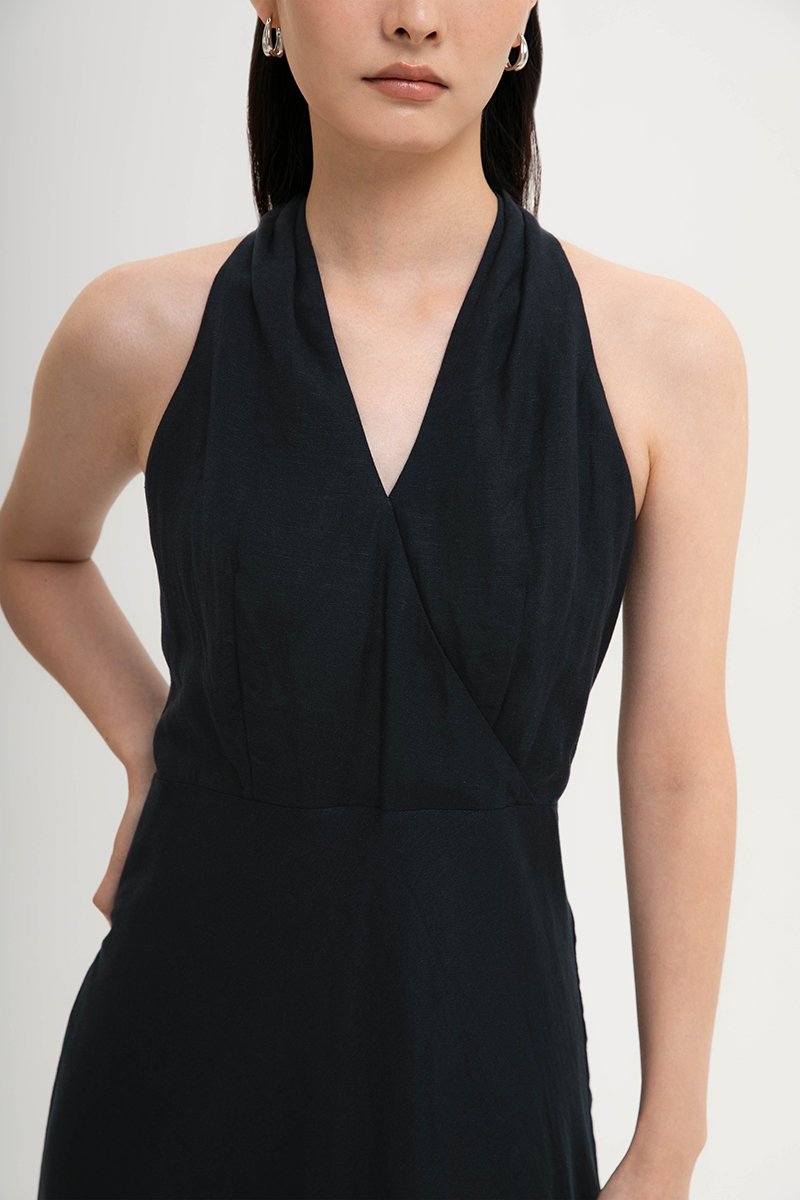 INDRA HALTER NECK BIAS LINEN DRESS