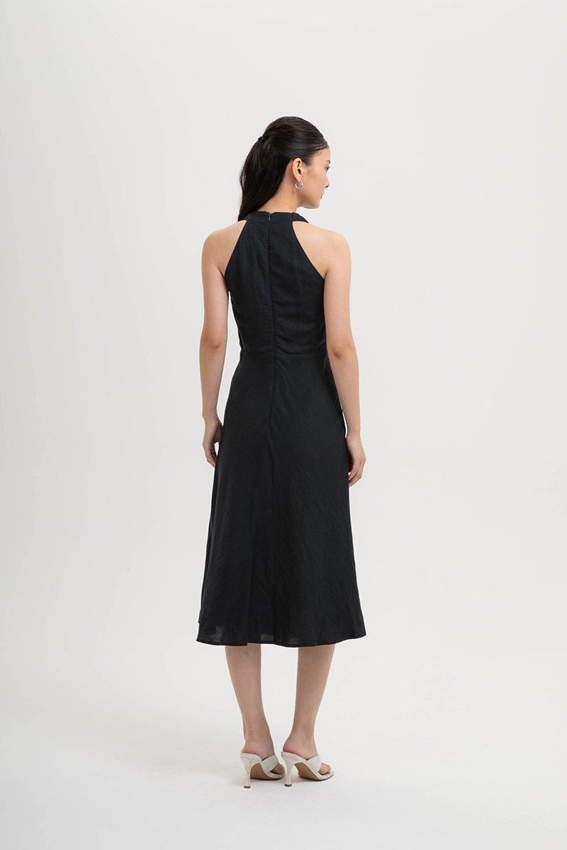 INDRA HALTER NECK BIAS LINEN DRESS