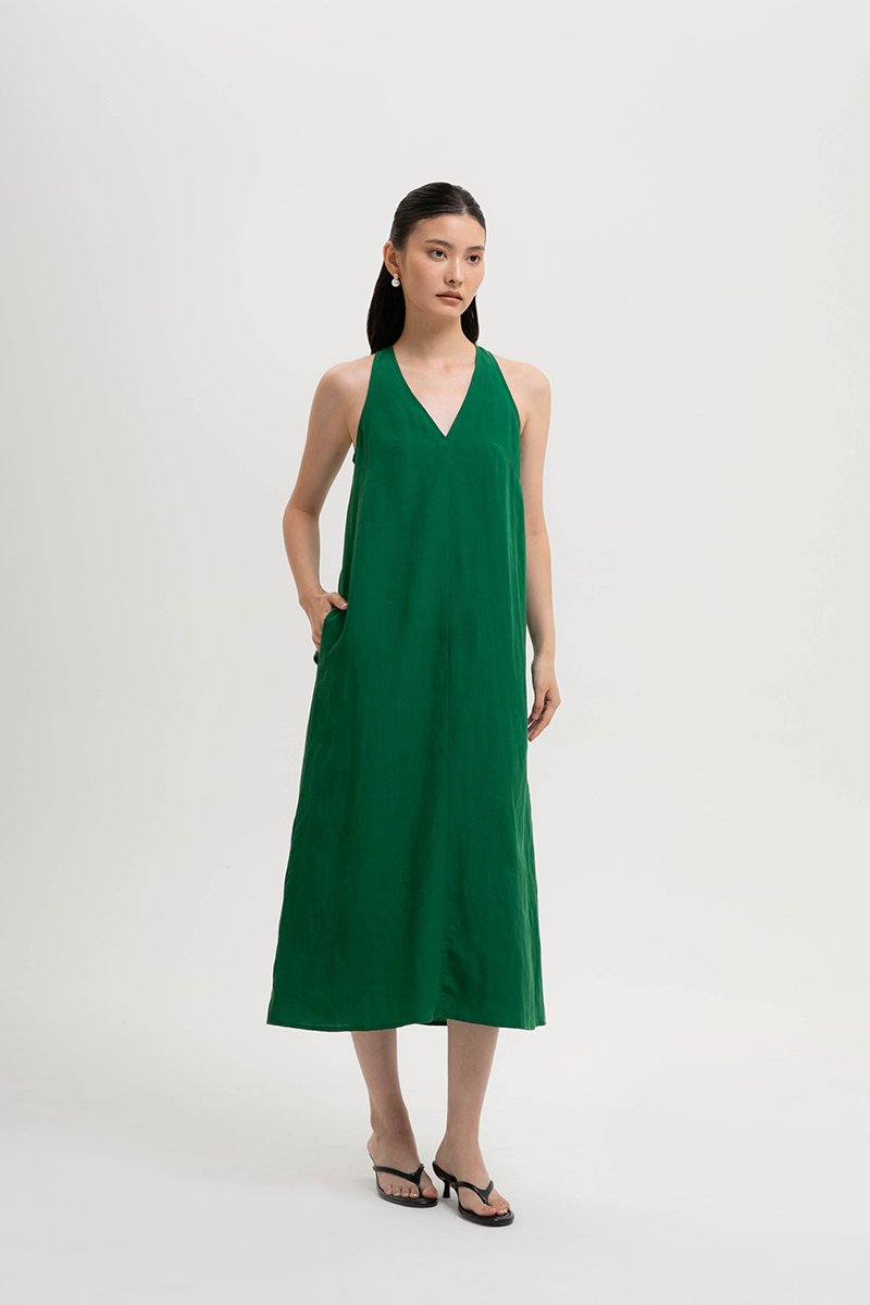 NAIRA TRAPEZE BACK COLUMN LINEN DRESS