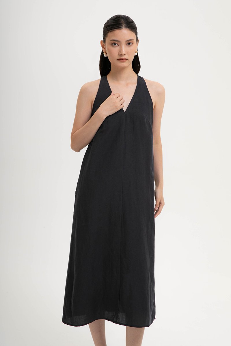 NAIRA TRAPEZE BACK COLUMN LINEN DRESS
