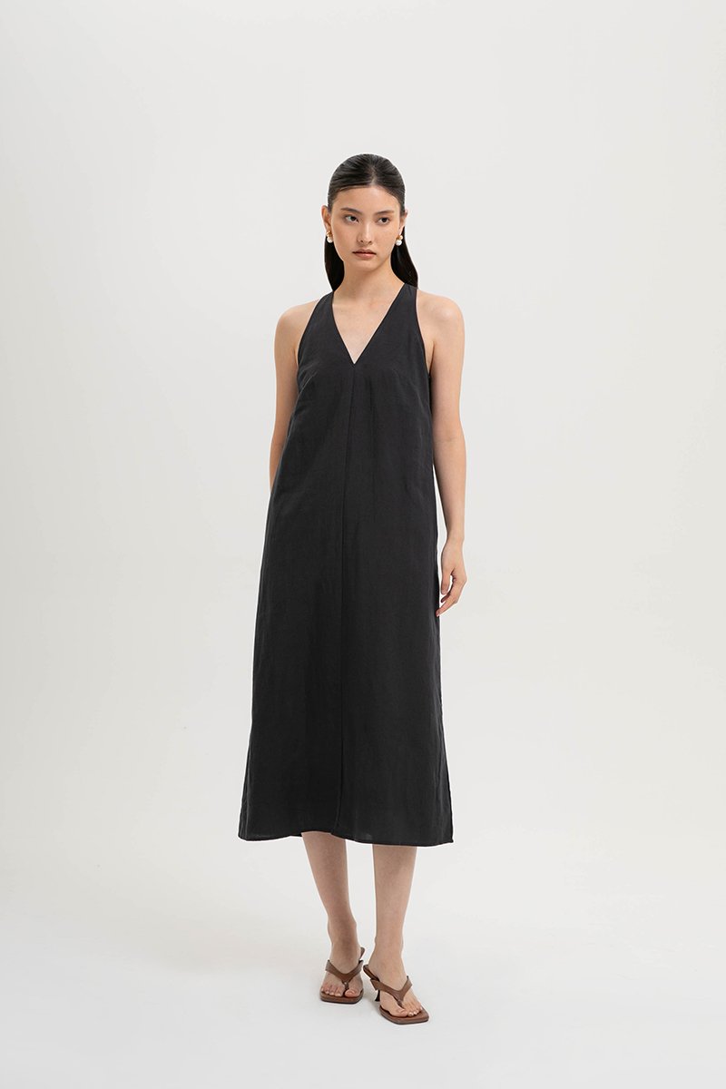NAIRA TRAPEZE BACK COLUMN LINEN DRESS