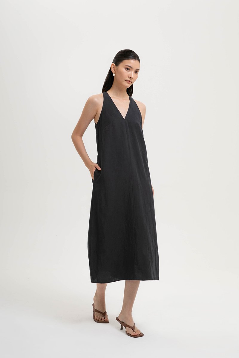 NAIRA TRAPEZE BACK COLUMN LINEN DRESS