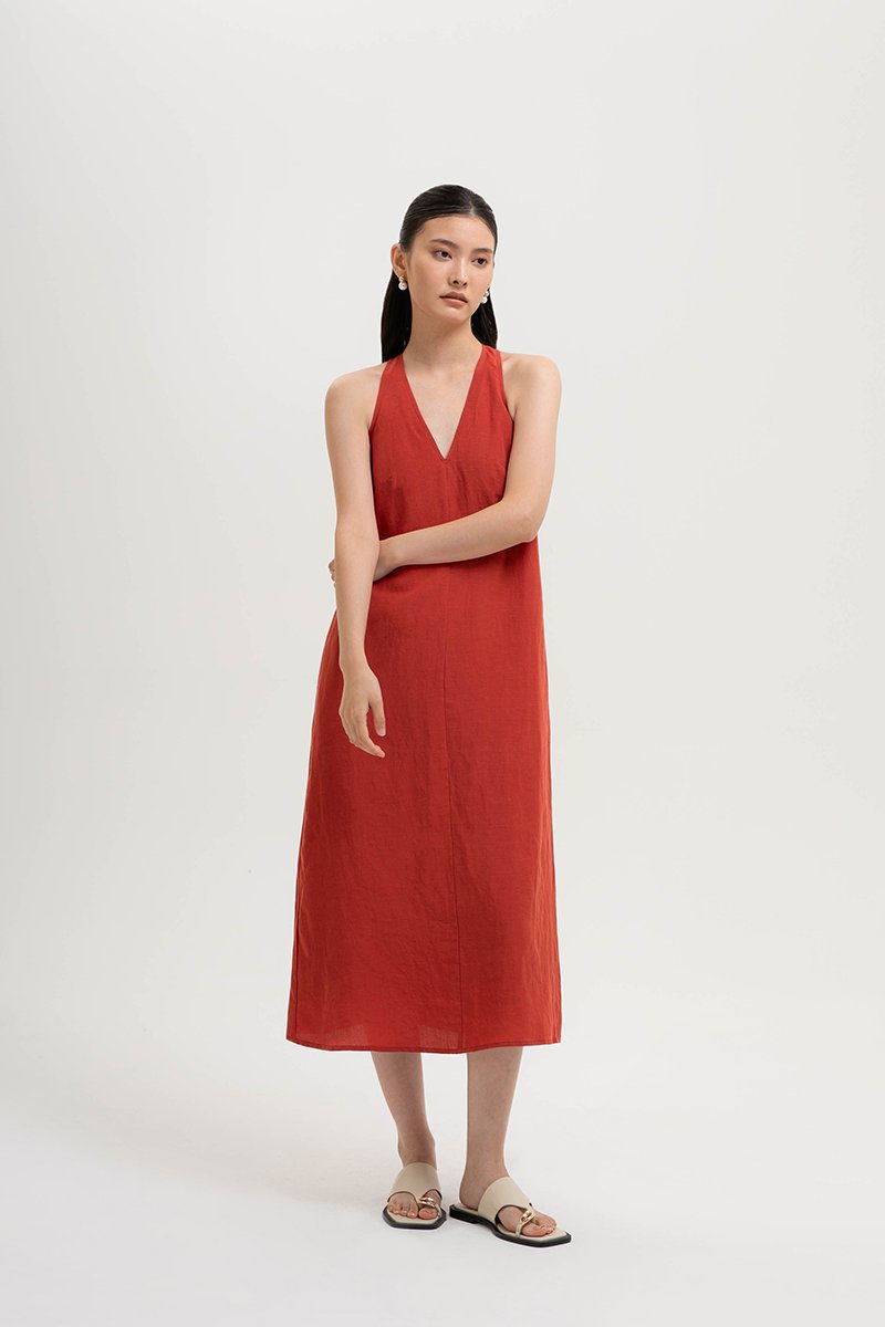 NAIRA TRAPEZE BACK COLUMN LINEN DRESS