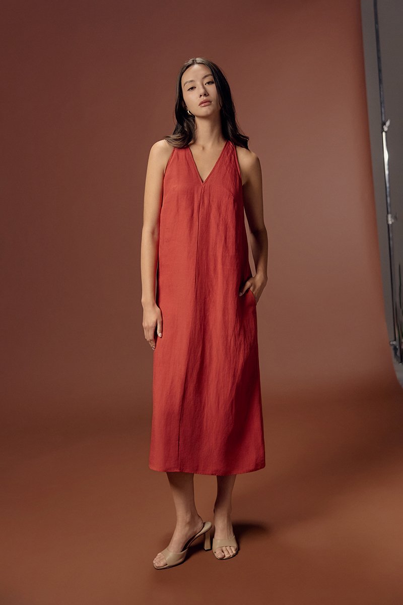 NAIRA TRAPEZE BACK COLUMN LINEN DRESS