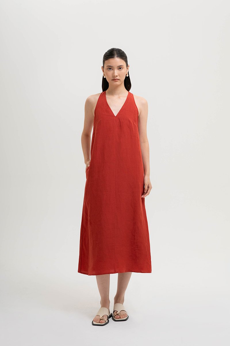 NAIRA TRAPEZE BACK COLUMN LINEN DRESS
