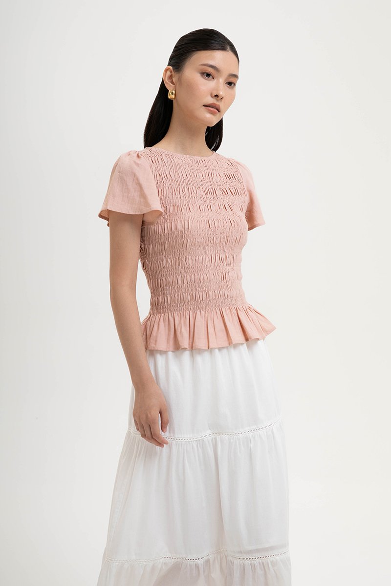 CHARLEE FLUTTER SLEEVES SMOCKED LINEN TOP