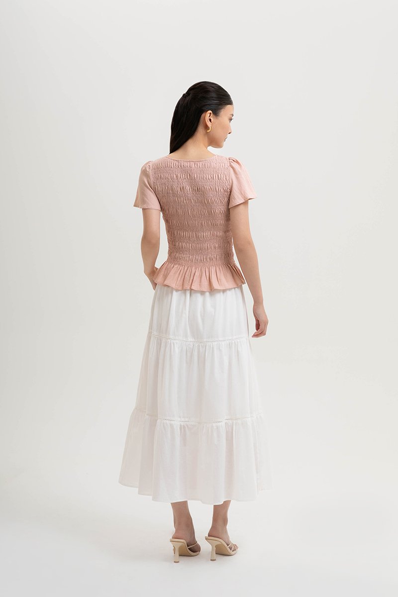 CHARLEE FLUTTER SLEEVES SMOCKED LINEN TOP