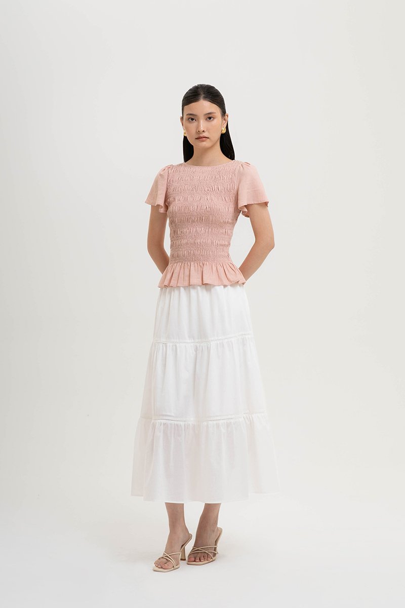 CHARLEE FLUTTER SLEEVES SMOCKED LINEN TOP
