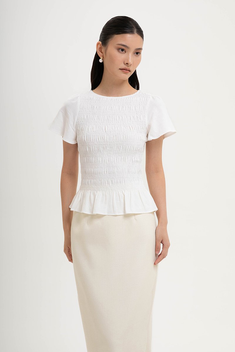 CHARLEE FLUTTER SLEEVES SMOCKED LINEN TOP