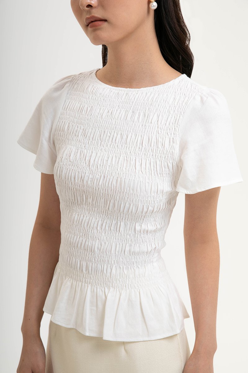 CHARLEE FLUTTER SLEEVES SMOCKED LINEN TOP