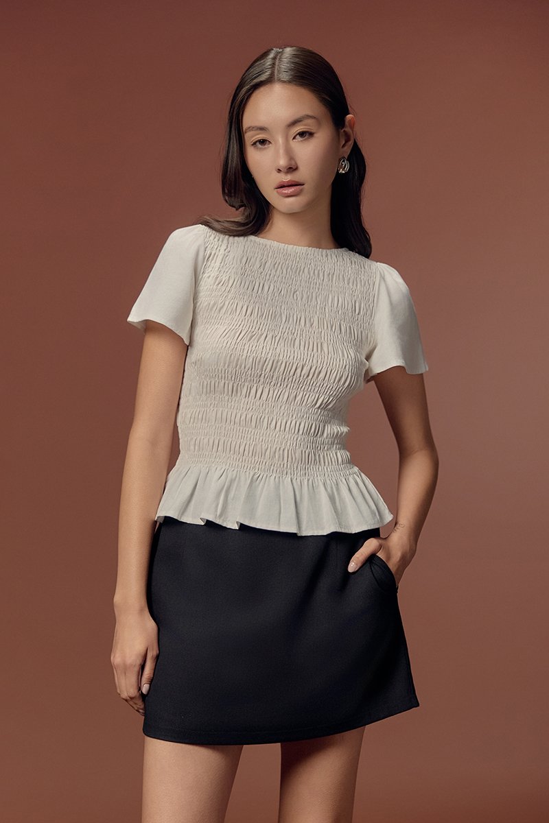 CHARLEE FLUTTER SLEEVES SMOCKED LINEN TOP