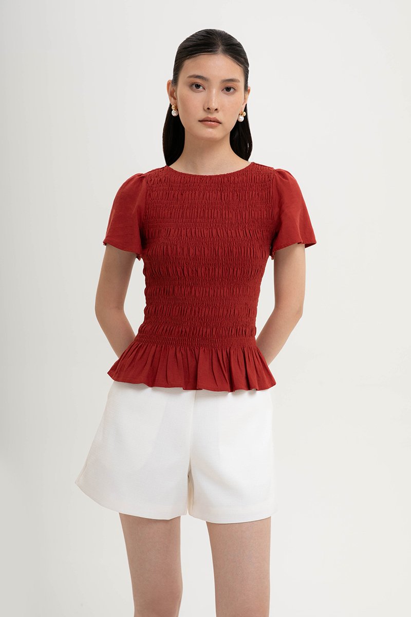 CHARLEE FLUTTER SLEEVES SMOCKED LINEN TOP