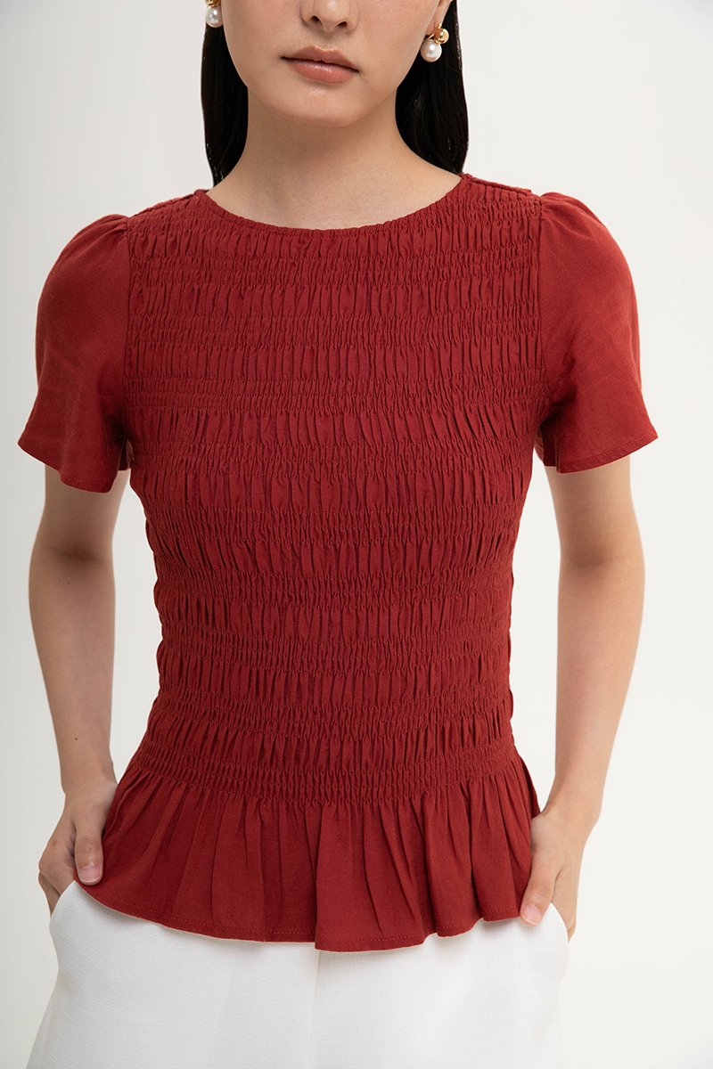 CHARLEE FLUTTER SLEEVES SMOCKED LINEN TOP