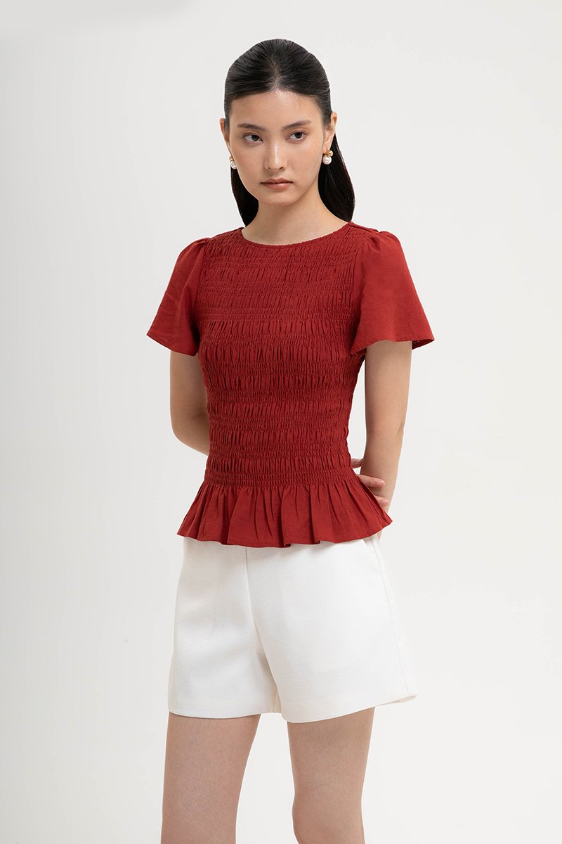 CHARLEE FLUTTER SLEEVES SMOCKED LINEN TOP