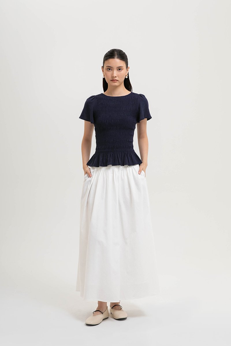 CHARLEE FLUTTER SLEEVES SMOCKED LINEN TOP