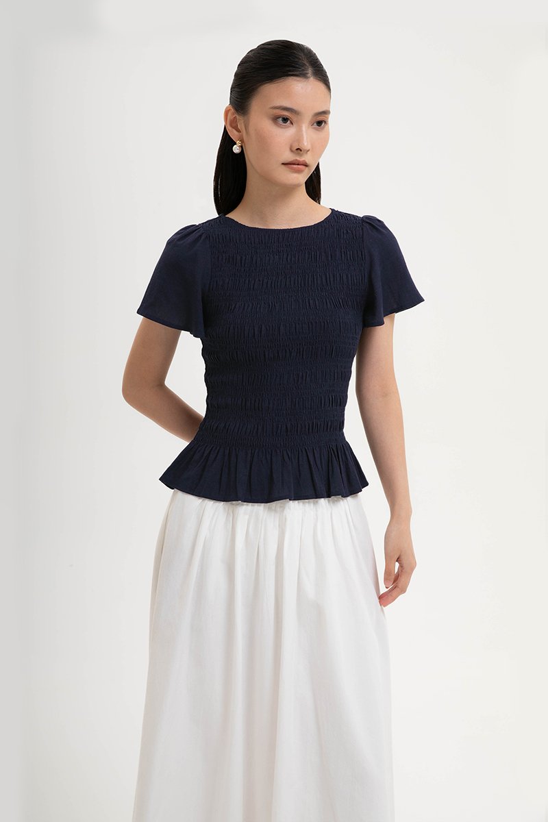 CHARLEE FLUTTER SLEEVES SMOCKED LINEN TOP
