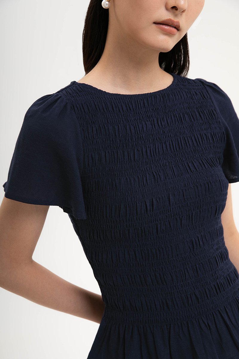 CHARLEE FLUTTER SLEEVES SMOCKED LINEN TOP