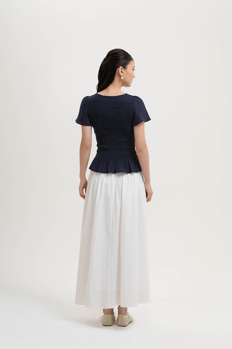 CHARLEE FLUTTER SLEEVES SMOCKED LINEN TOP