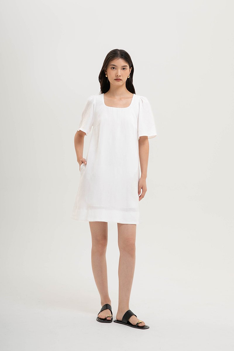 KARISA FLUTTER SLEEVE LINEN MINI DRESS