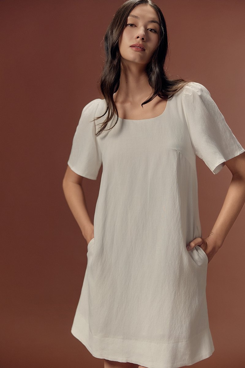 KARISA FLUTTER SLEEVE LINEN MINI DRESS