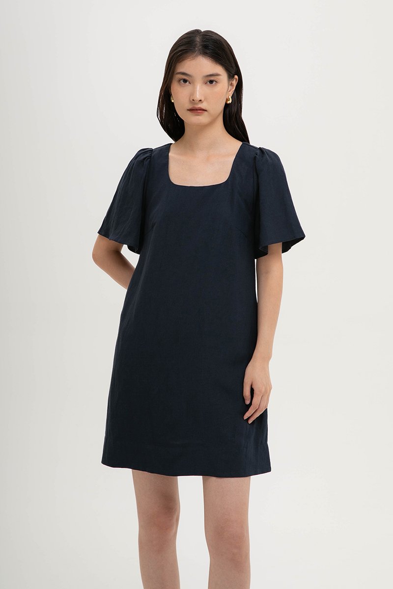 KARISA FLUTTER SLEEVE LINEN MINI DRESS