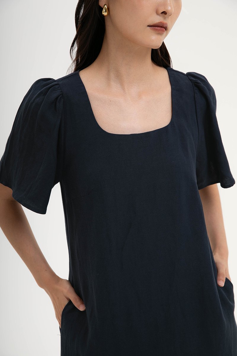 KARISA FLUTTER SLEEVE LINEN MINI DRESS