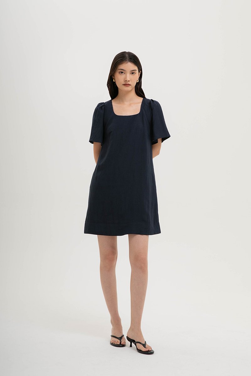 KARISA FLUTTER SLEEVE LINEN MINI DRESS