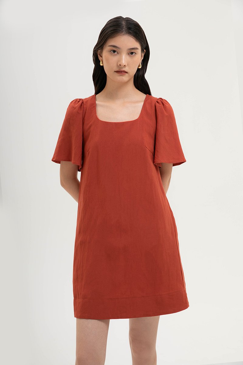 KARISA FLUTTER SLEEVE LINEN MINI DRESS