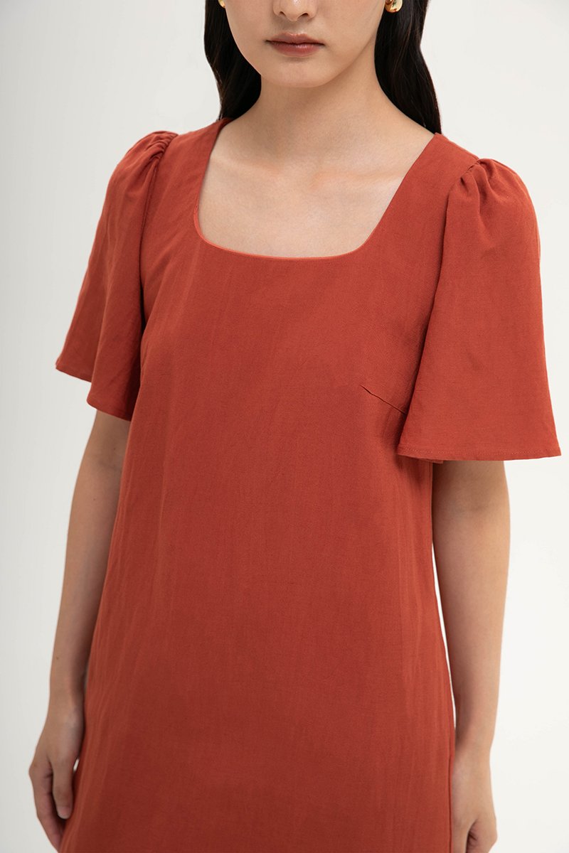 KARISA FLUTTER SLEEVE LINEN MINI DRESS