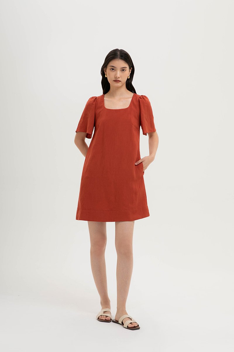 KARISA FLUTTER SLEEVE LINEN MINI DRESS