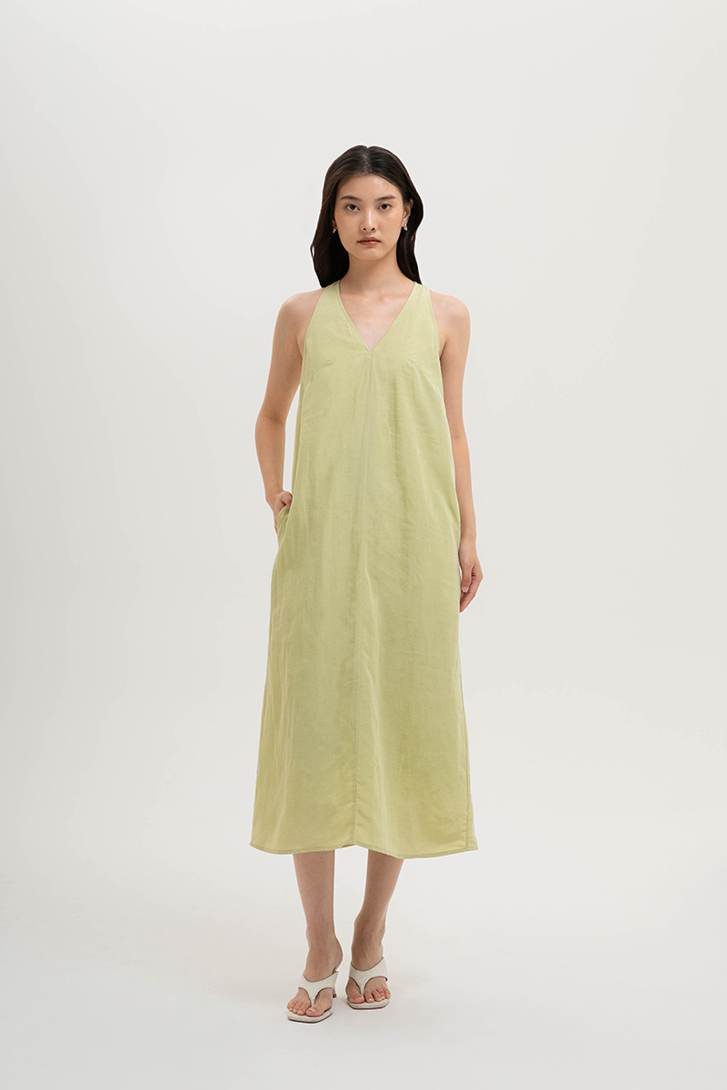 NAIRA TRAPEZE BACK COLUMN LINEN DRESS | Love and Bravery