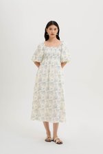 HARVEST PUFF SLEEVE SMOCKED MIDI DRESS