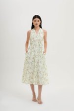 AKARI FLORAL PRINTED HALTER MIDI DRESS W SASH
