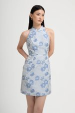 KYORI FLORAL JACQUARD HALTER MINI DRESS