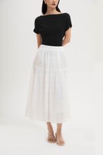 AVERYN RUCHED TIERED CHECKERED MIDI SKIRT
