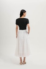 AVERYN RUCHED TIERED CHECKERED MIDI SKIRT