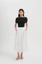 AVERYN RUCHED TIERED CHECKERED MIDI SKIRT
